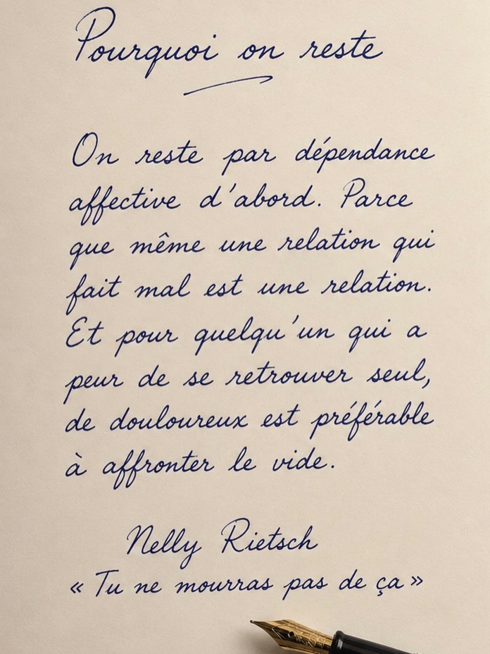 Page manuscrite de l'extrait « Pourquoi on reste », partie 1 : « On reste par dépendance affective d'abord... »
