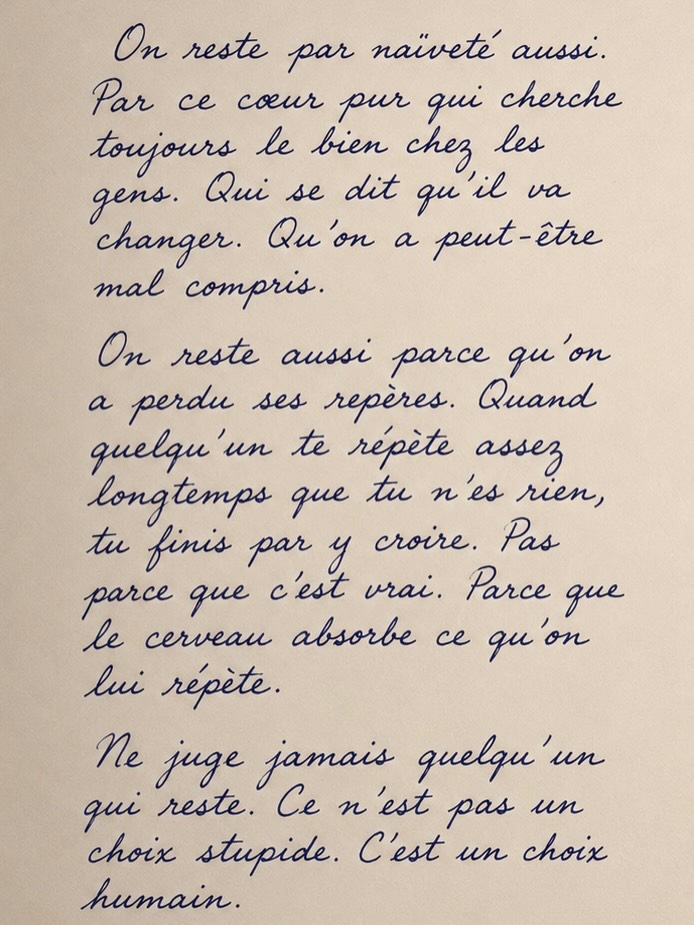 Page manuscrite de l'extrait « Pourquoi on reste », partie 2 : « On reste par naïveté aussi... »